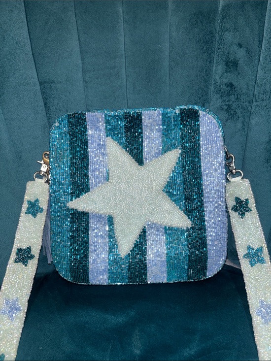 Moyna Handbags - Moyna Beaded Star Stripe Crossbody in Teal and Light Blue